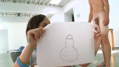 While on vacation in Miami, playful dark-haired hooks up with handsome stud and manages to bring him at her place. That guy is artist and agrees to